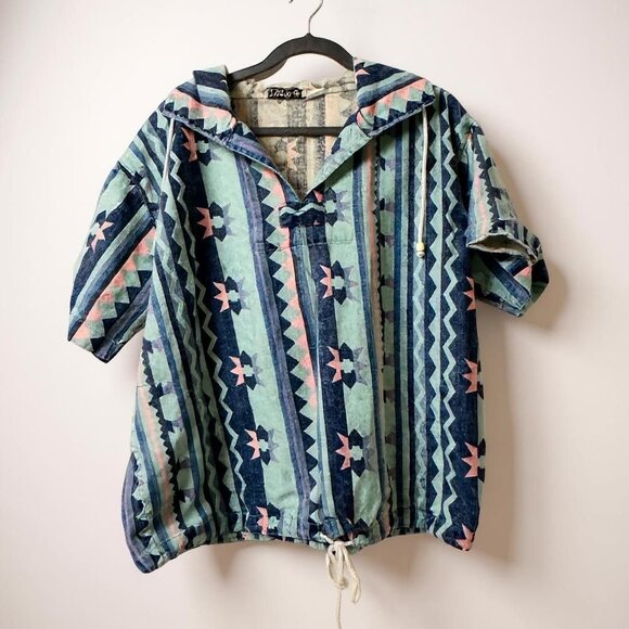 Vintage Quizz Hooded Aztec Pullover Shirt Large 1980s 100% Cotton Unisex Drawstr - Picture 2 of 8